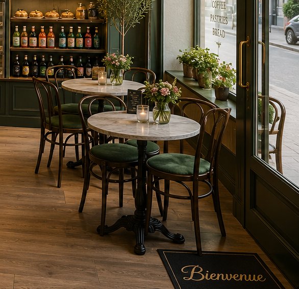 Inside SaSaS — marble tables by the window and a Bienvenue mat at the door